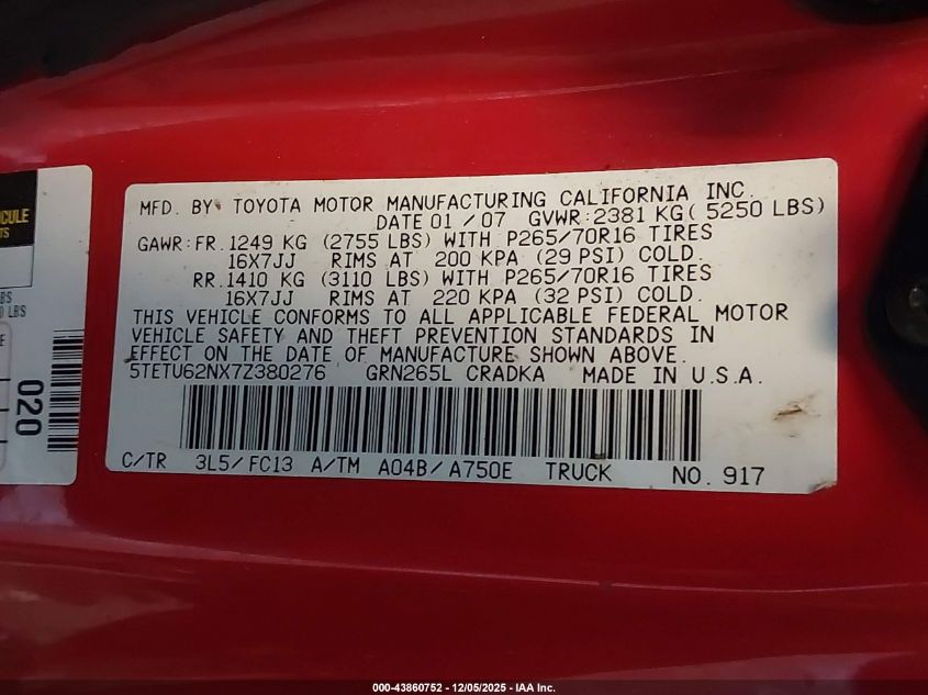 2007 Toyota Tacoma Prerunner V6 VIN: 5TETU62NX7Z380276 Lot: 43860752