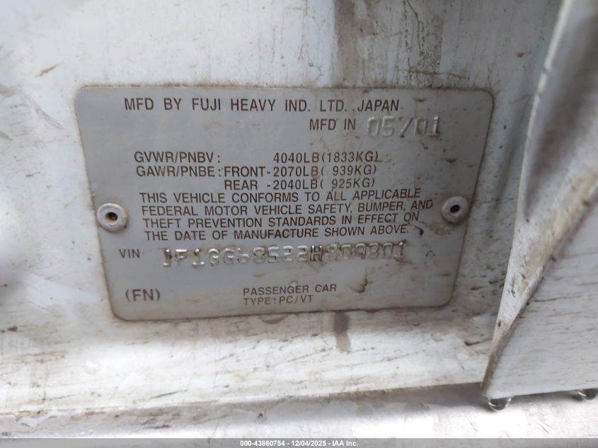 2002 Subaru Impreza Outback Sport VIN: JF1GG68522H809801 Lot: 43860754