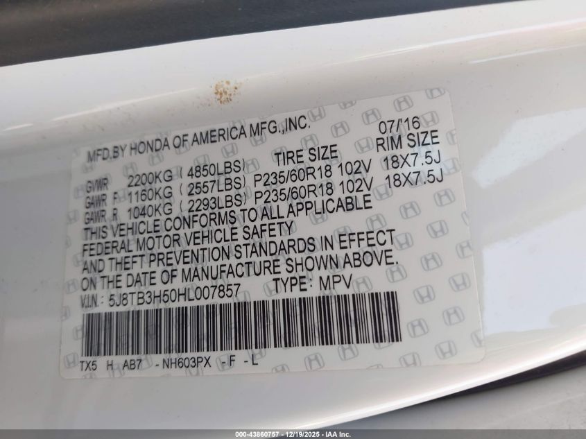 2017 Acura Rdx Technology Acurawatch Plus Packages/W/Technology Package VIN: 5J8TB3H50HL007857 Lot: 43860757