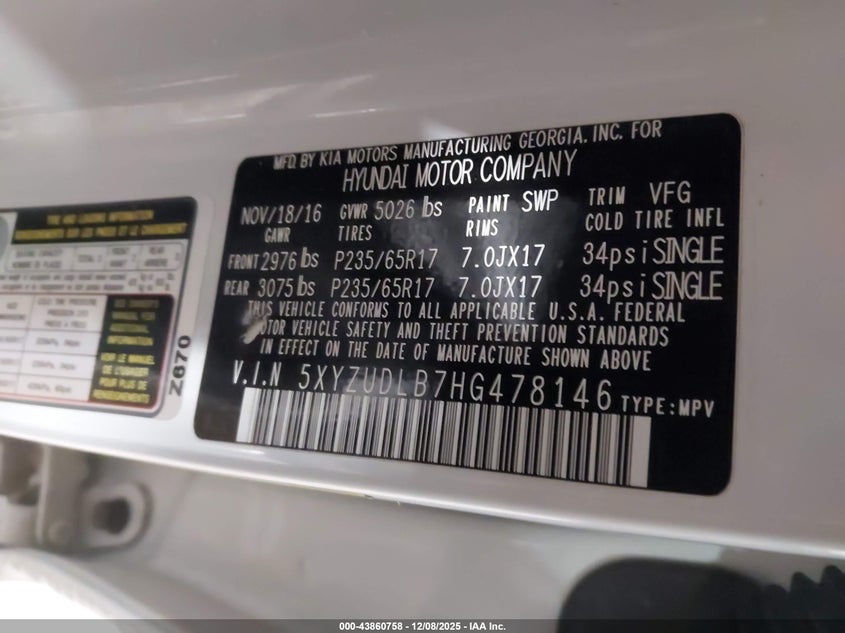 2017 Hyundai Santa Fe Sport 2.4L VIN: 5XYZUDLB7HG478146 Lot: 43860758