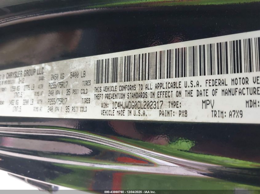 2012 Jeep Wrangler Unlimited Sport VIN: 1C4HJWDG0CL202317 Lot: 43860760