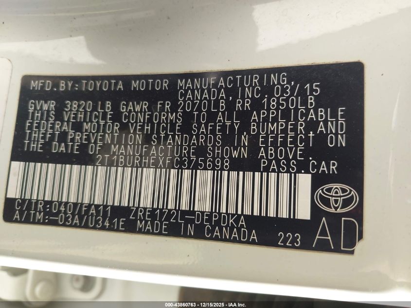 2015 Toyota Corolla L VIN: 2T1BURHEXFC375698 Lot: 43860763