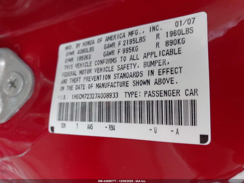 2007 Honda Accord 2.4 Lx VIN: 1HGCM72327A008933 Lot: 43860777