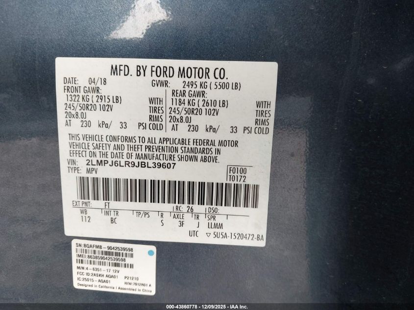 2018 Lincoln Mkx Reserve VIN: 2LMPJ6LR9JBL39607 Lot: 43860778