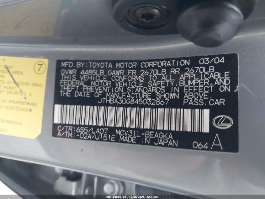 2004 Lexus Es 330 VIN: JTHBA30G845032867 Lot: 43860786