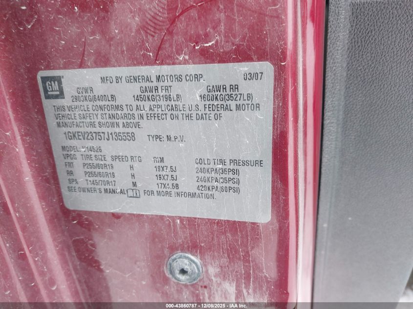 2007 GMC Acadia Slt-1 VIN: 1GKEV23757J135558 Lot: 43860787