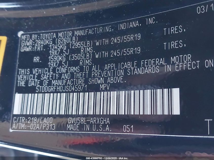 2018 Toyota Highlander Hybrid Limited Platinum VIN: 5TDDGRFH0JS045971 Lot: 43860792