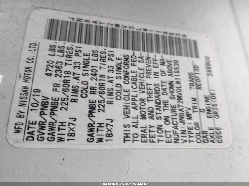 2020 Nissan Rogue Sv Intelligent Awd VIN: JN8AT2MV0LW119539 Lot: 43860793