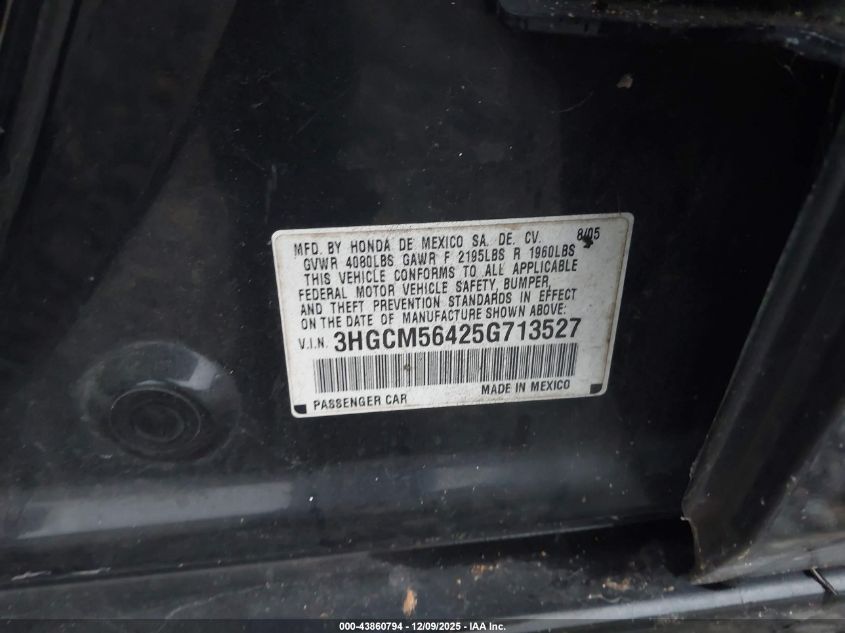 2005 Honda Accord 2.4 Lx VIN: 3HGCM56425G713527 Lot: 43860794