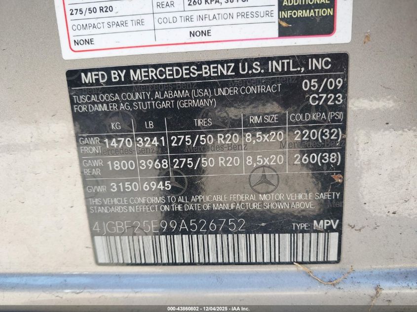 2009 Mercedes-Benz Gl 320 Bluetec 4Matic VIN: 4JGBF25E99A526752 Lot: 43860802