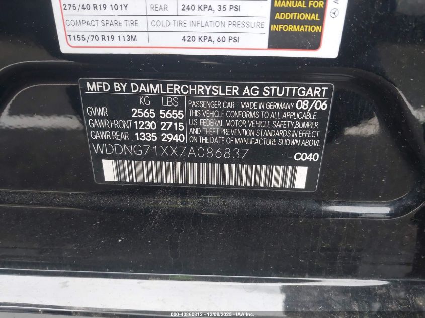 2007 Mercedes-Benz S 550 VIN: WDDNG71XX7A086837 Lot: 43860812