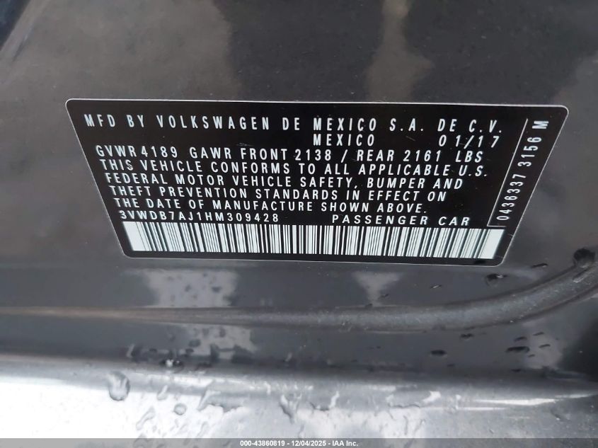 2017 Volkswagen Jetta 1.4T Se VIN: 3VWDB7AJ1HM309428 Lot: 43860819