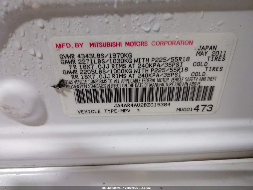 2011 Mitsubishi Outlander Sport Se VIN: JA4AR4AU2BZ015384 Lot: 43860828