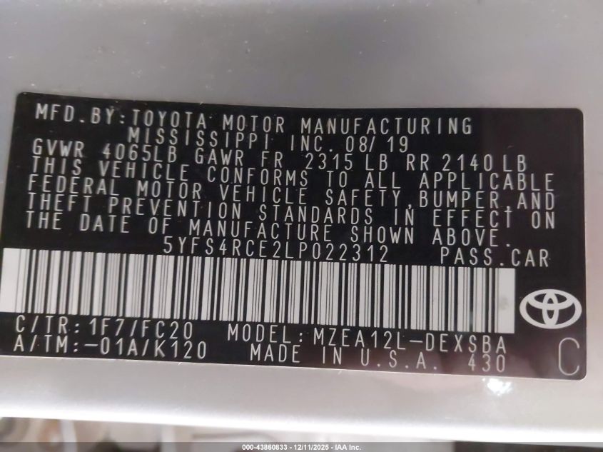 2020 Toyota Corolla Se VIN: 5YFS4RCE2LP022312 Lot: 43860833