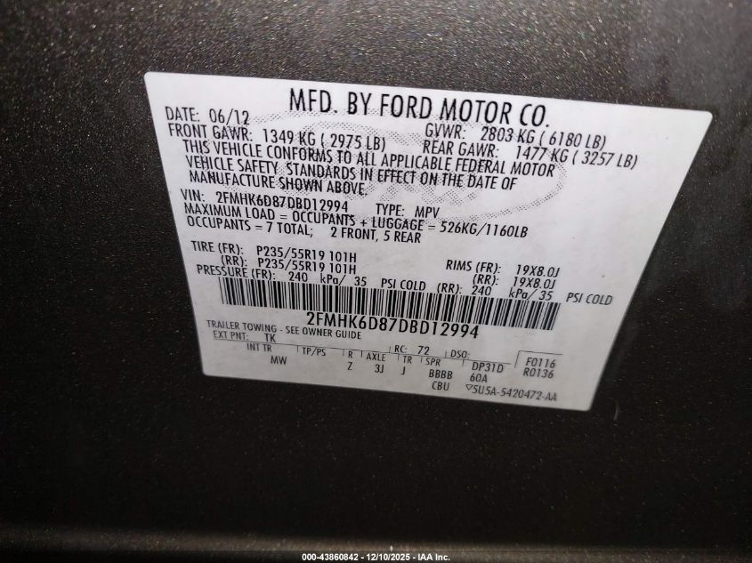 2013 Ford Flex Limited VIN: 2FMHK6D87DBD12994 Lot: 43860842