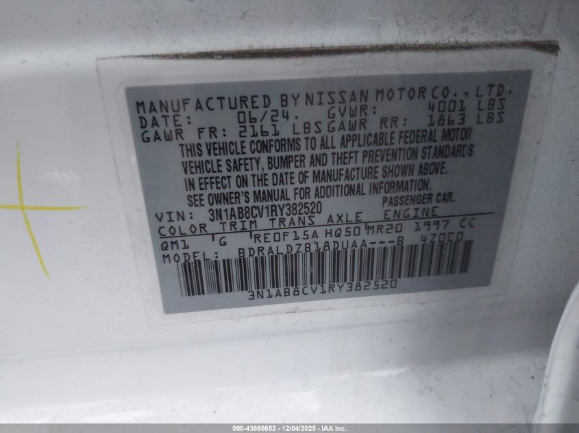 2024 Nissan Sentra Sv Xtronic Cvt VIN: 3N1AB8CV1RY382520 Lot: 43860852