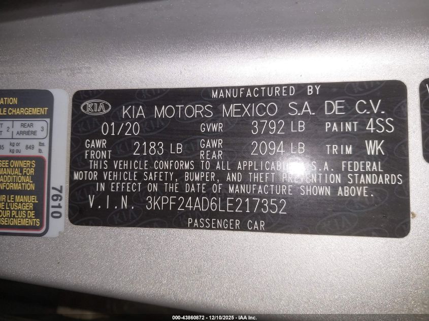2020 Kia Forte Lxs VIN: 3KPF24AD6LE217352 Lot: 43860872