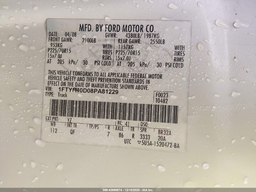 2008 Ford Ranger Xl/Xlt VIN: 1FTYR10D08PA81229 Lot: 43860874