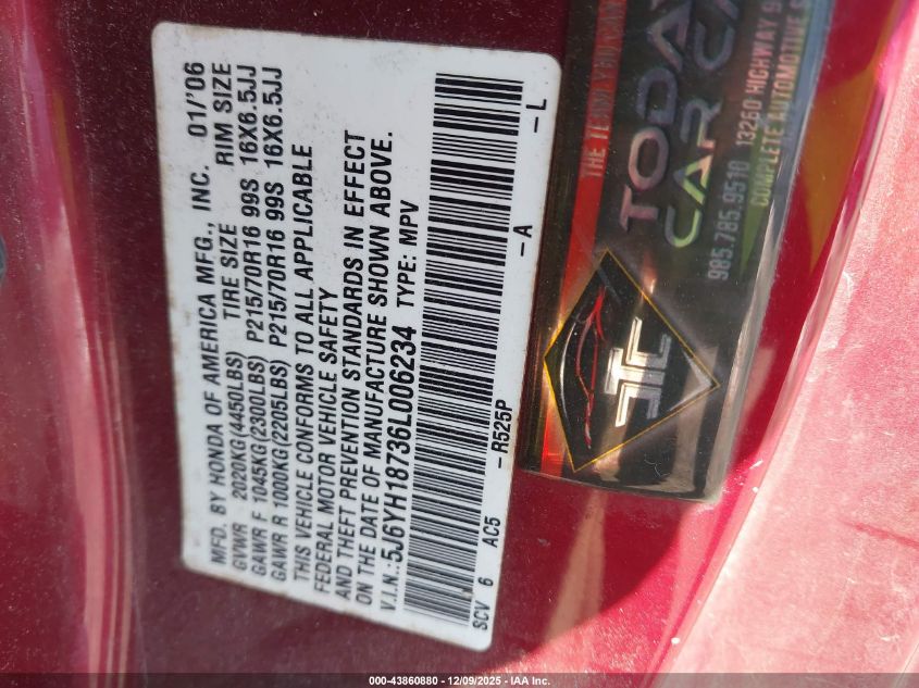 2006 Honda Element Ex-P VIN: 5J6YH18736L006234 Lot: 43860880