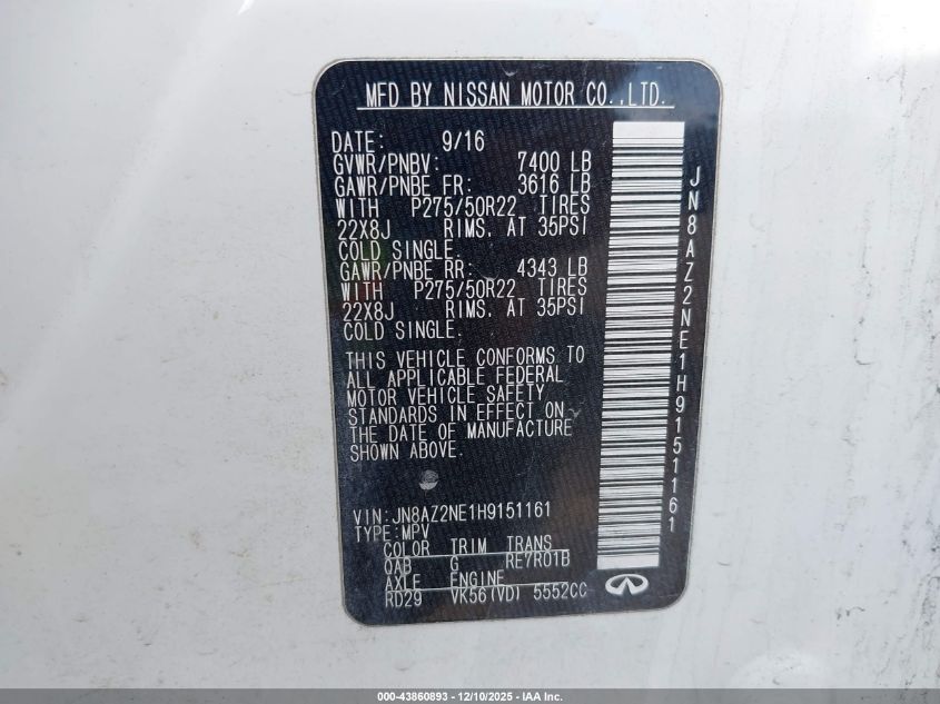 2017 Infiniti Qx80 Limited VIN: JN8AZ2NE1H9151161 Lot: 43860893