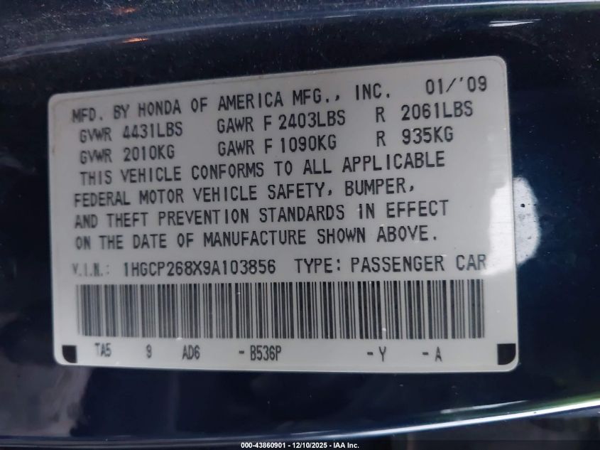 2009 Honda Accord 2.4 Ex-L VIN: 1HGCP268X9A103856 Lot: 43860901