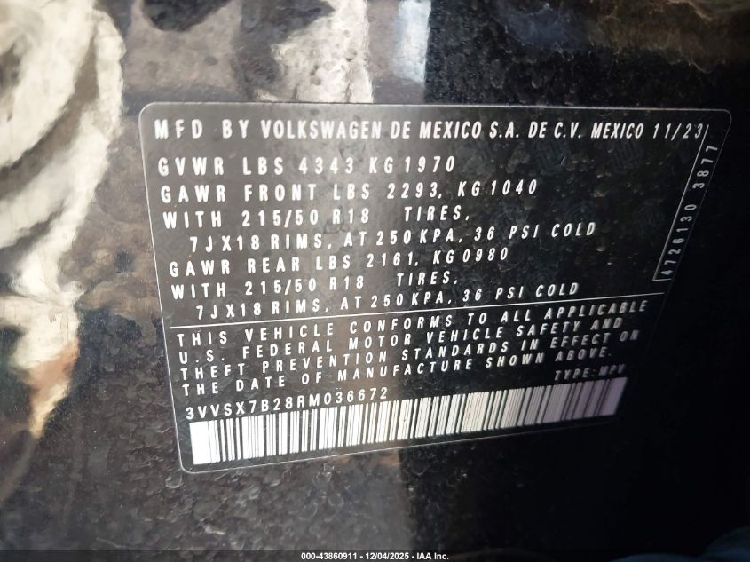 2024 Volkswagen Taos 1.5T Se VIN: 3VVSX7B28RM036672 Lot: 43860911