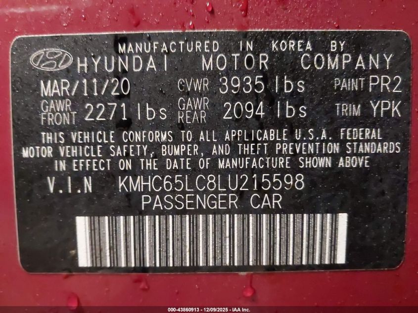 2020 Hyundai Ioniq Hybrid Blue VIN: KMHC65LC8LU215598 Lot: 43860913