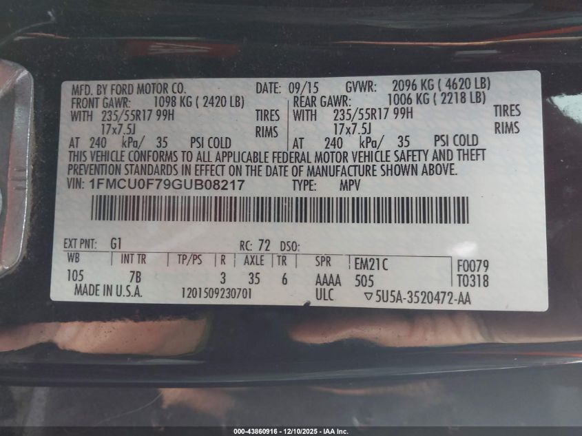 2016 Ford Escape S VIN: 1FMCU0F79GUB08217 Lot: 43860916