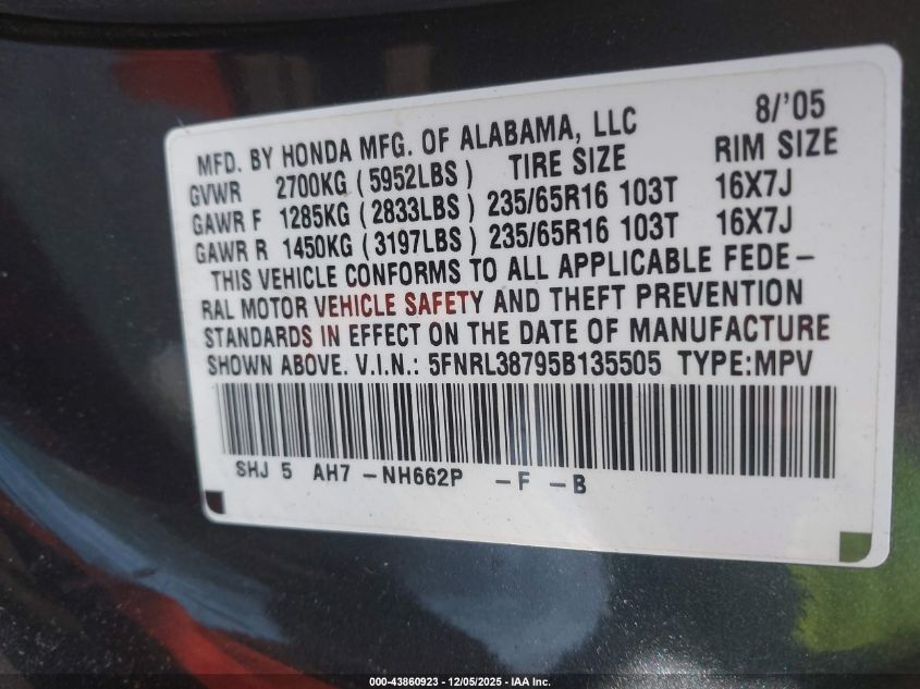 2005 Honda Odyssey Ex-L VIN: 5FNRL38795B135505 Lot: 43860923