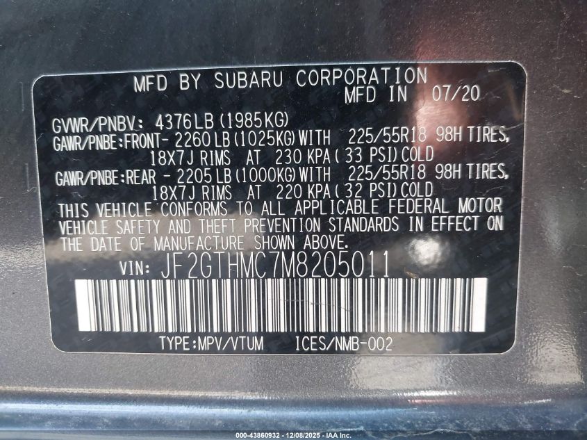 2021 Subaru Crosstrek Limited VIN: JF2GTHMC7M8205011 Lot: 43860932