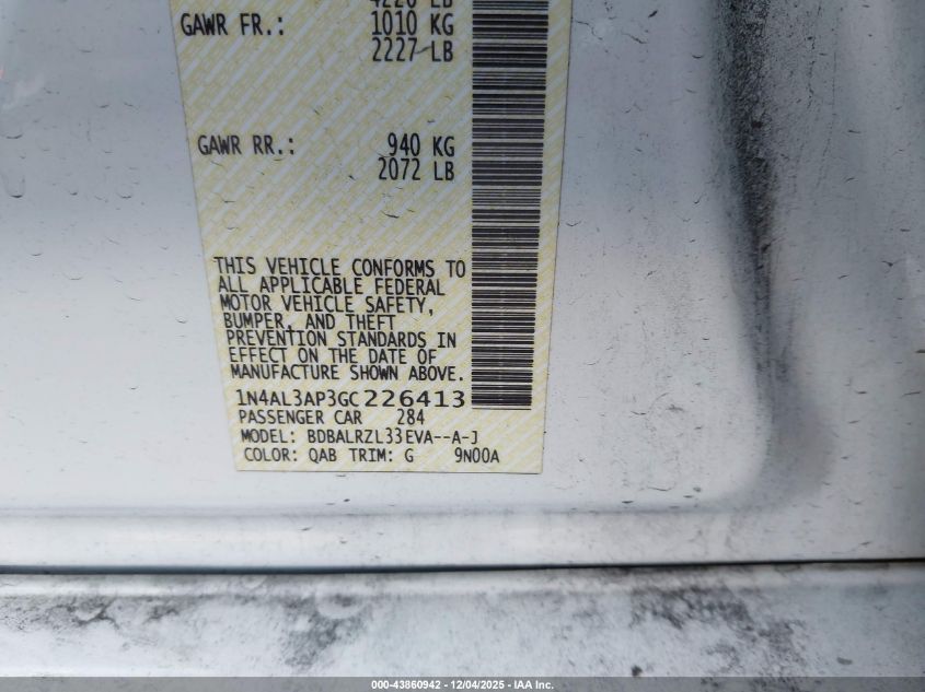 2016 Nissan Altima 2.5 Sl VIN: 1N4AL3AP3GC226413 Lot: 43860942