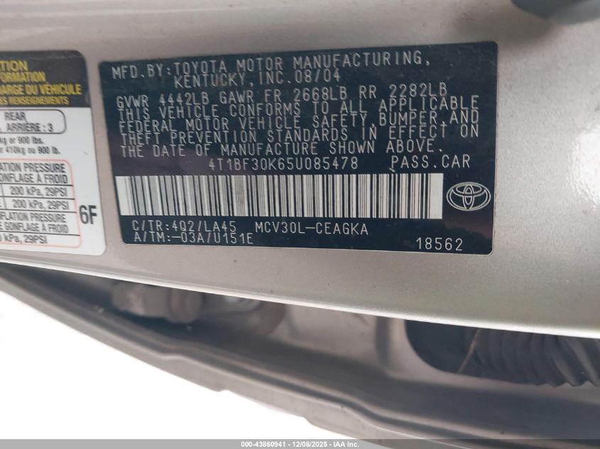 2005 Toyota Camry Xle V6 VIN: 4T1BF30K65U085478 Lot: 43860941