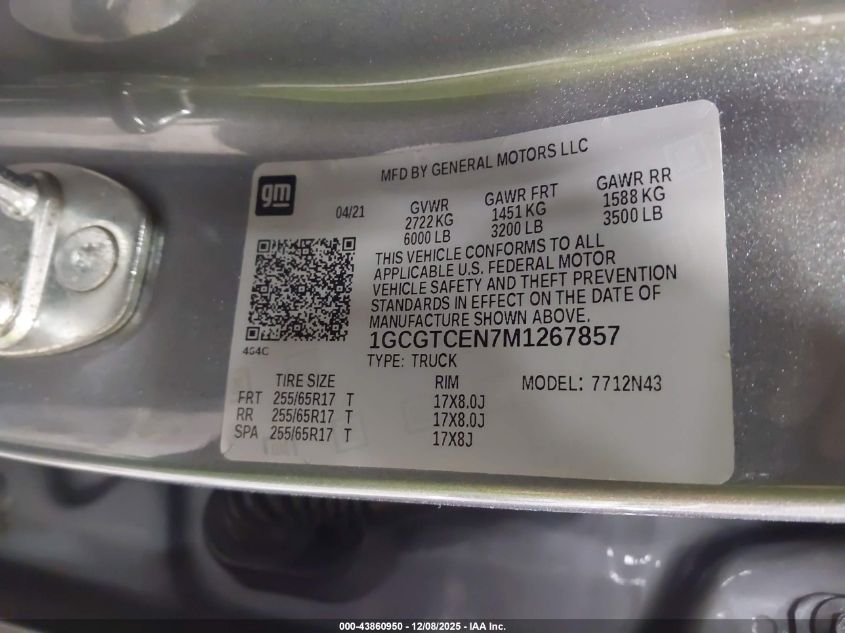 2021 Chevrolet Colorado 4Wd Short Box Lt VIN: 1GCGTCEN7M1267857 Lot: 43860950