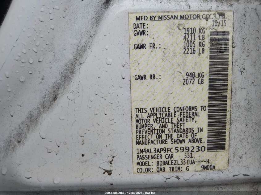 2015 Nissan Altima 2.5 S VIN: 1N4AL3AP9FC599230 Lot: 43860963