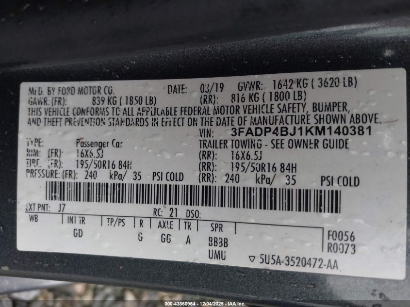 2019 Ford Fiesta Se VIN: 3FADP4BJ1KM140381 Lot: 43860964