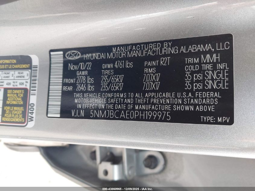 2023 Hyundai Tucson Sel VIN: 5NMJBCAE0PH199975 Lot: 43860965