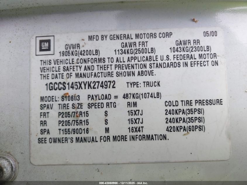 2000 Chevrolet S-10 VIN: 1GCCS145XYK274972 Lot: 43860966