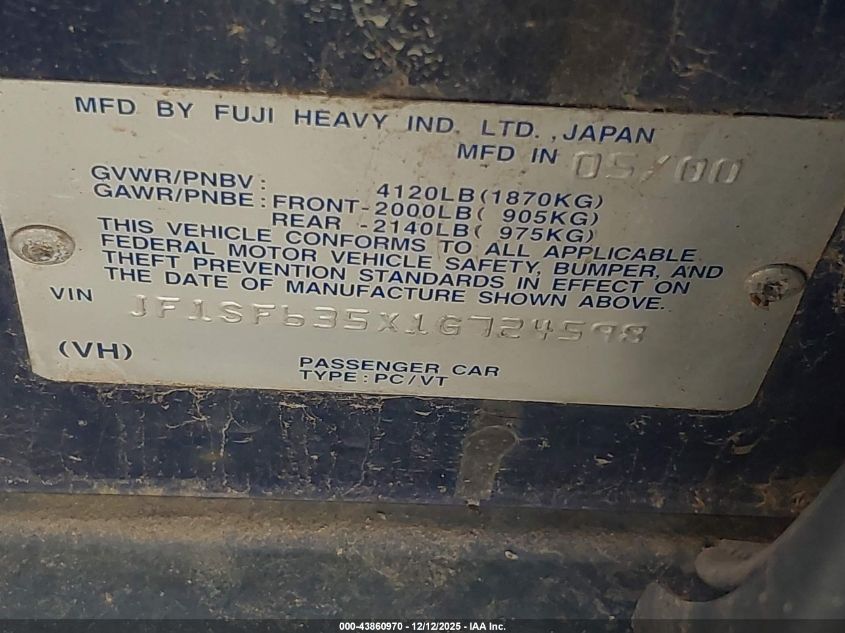 2001 Subaru Forester L VIN: JF1SF635X1G724598 Lot: 43860970