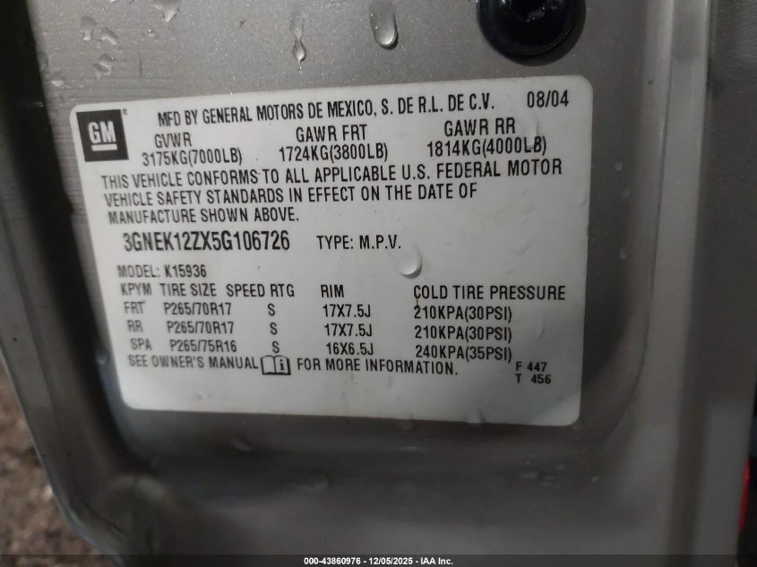 2005 Chevrolet Avalanche 1500 Z71 VIN: 3GNEK12ZX5G106726 Lot: 43860976