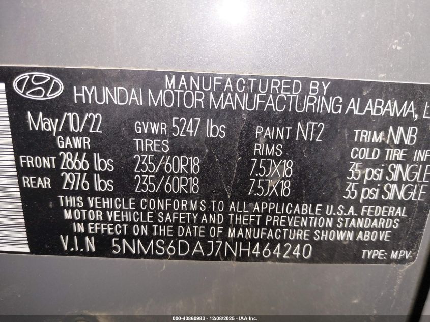 2022 Hyundai Santa Fe Xrt VIN: 5NMS6DAJ7NH464240 Lot: 43860983