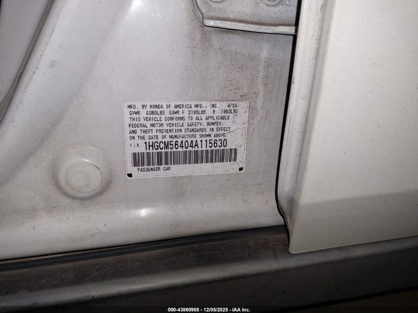 2004 Honda Accord 2.4 Lx VIN: 1HGCM56404A115630 Lot: 43860988