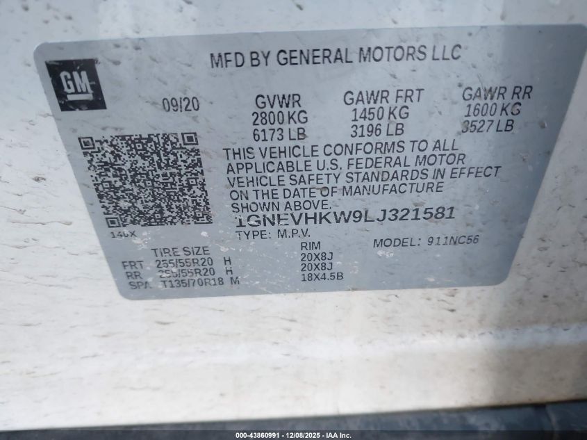 2020 Chevrolet Traverse Awd Lt Leather VIN: 1GNEVHKW9LJ321581 Lot: 43860991