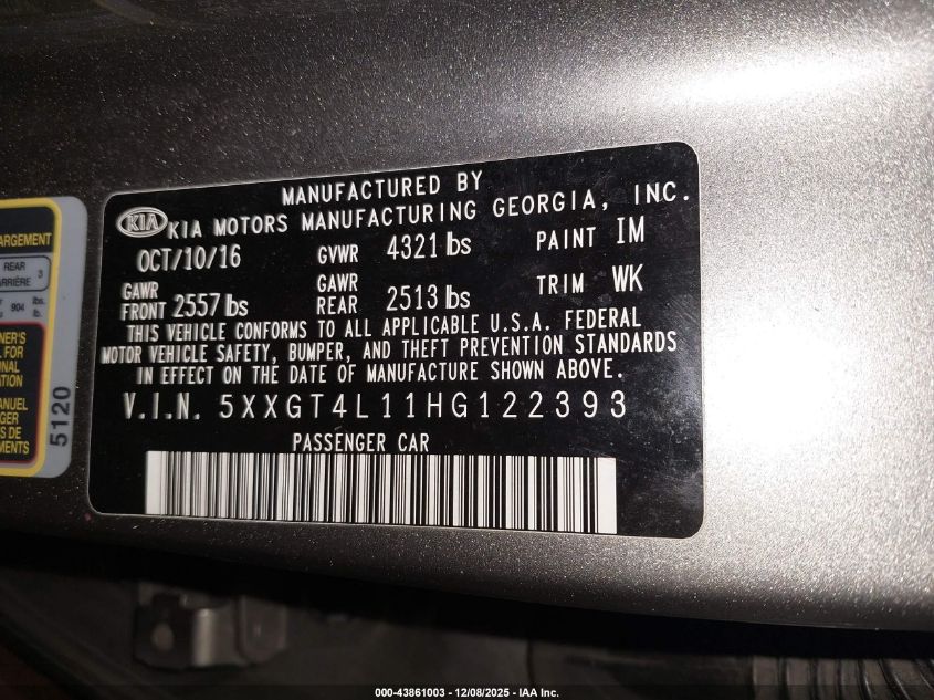 2017 Kia Optima Lx Turbo VIN: 5XXGT4L11HG122393 Lot: 43861003
