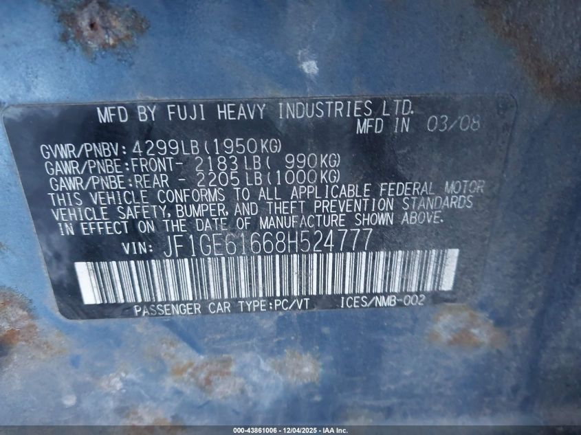 2008 Subaru Impreza 2.5I VIN: JF1GE61668H524777 Lot: 43861006