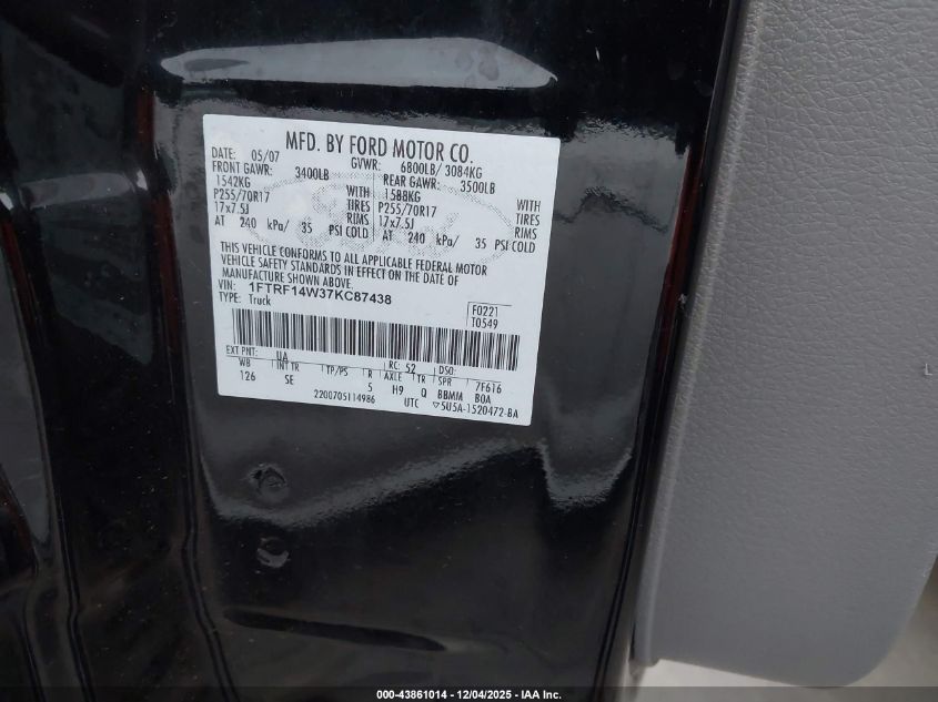 2007 Ford F-150 Stx/Xl/Xlt VIN: 1FTRF14W37KC87438 Lot: 43861014