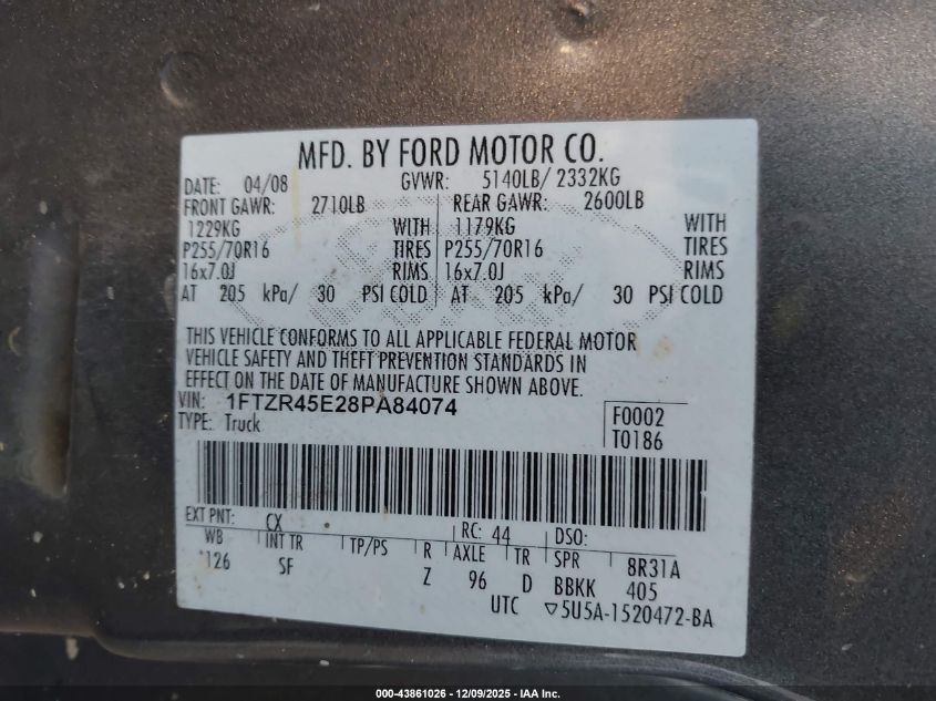 2008 Ford Ranger Fx4 Off-Road/Sport/Xlt VIN: 1FTZR45E28PA84074 Lot: 43861026