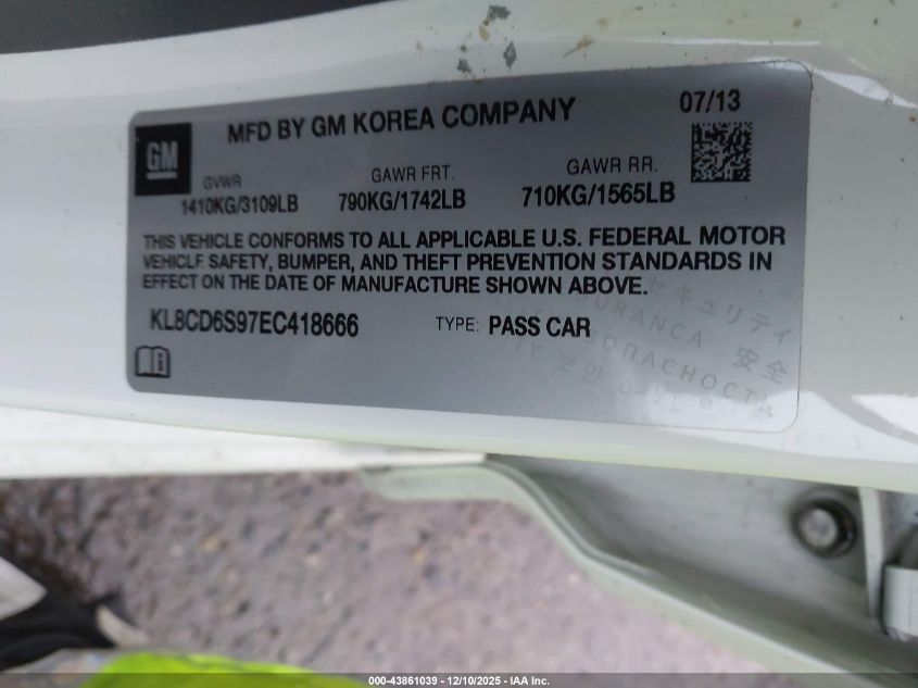 2014 Chevrolet Spark 1Lt Auto VIN: KL8CD6S97EC418666 Lot: 43861039