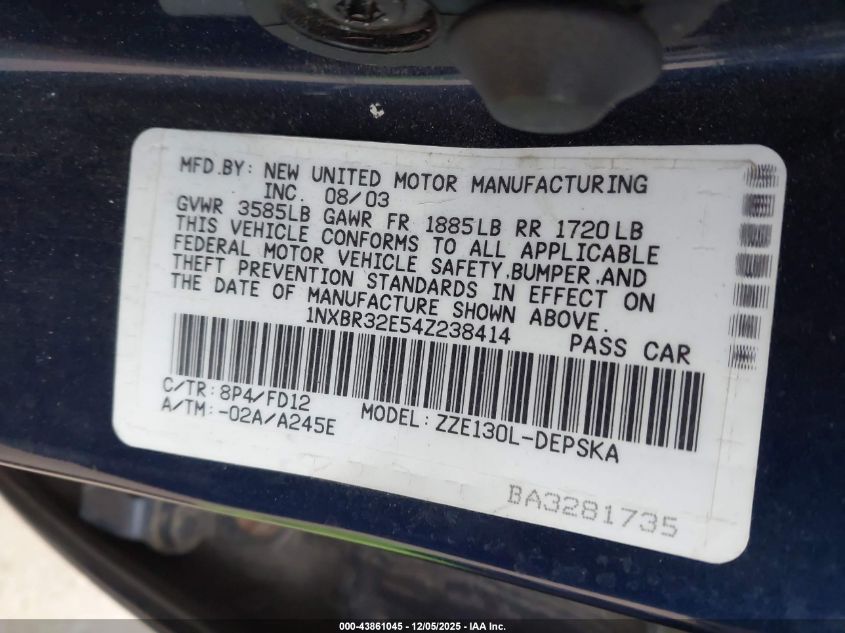 2004 Toyota Corolla S VIN: 1NXBR32E54Z238414 Lot: 43861045