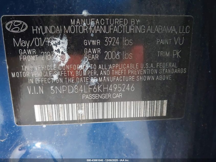 2019 Hyundai Elantra Sel VIN: 5NPD84LF6KH495246 Lot: 43861046