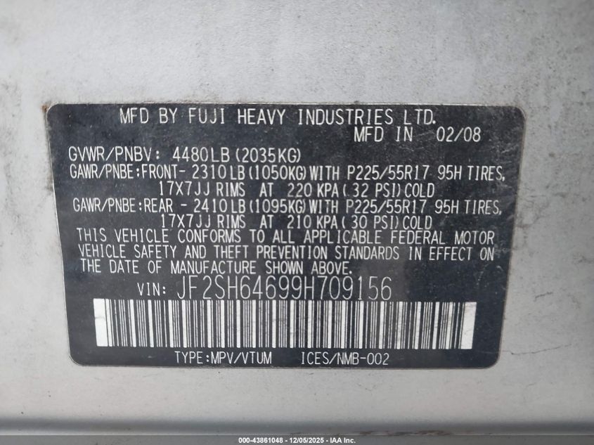 2009 Subaru Forester 2.5X Limited VIN: JF2SH64699H709156 Lot: 43861048